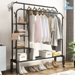 Giá Treo Quần Áo 2 Tầng Kèm 1 Tầng Để Giày Có Bánh Xe