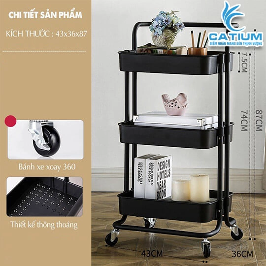 Kệ Để Đồ 3 Tầng Đa Năng Có Bánh Xe 43cm