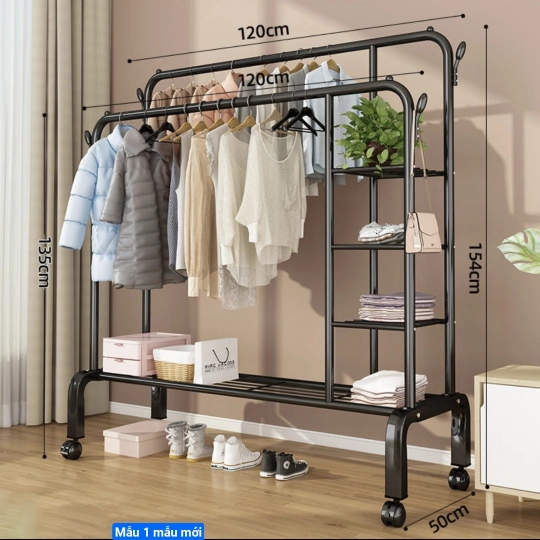Giá Treo Quần Áo 2 Tầng Kèm 1 Tầng Để Giày Có Bánh Xe
