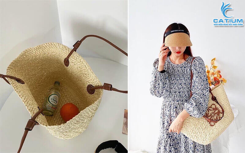 Túi cói hai quai logo gỗ