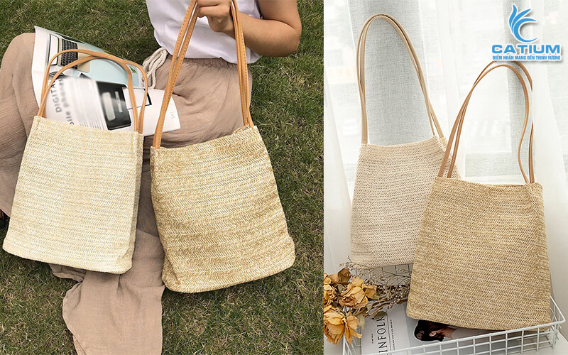 Túi cói cục gỗ đeo vai phong cách vintage
