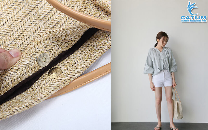 Túi cói cục gỗ có khóa bấm 