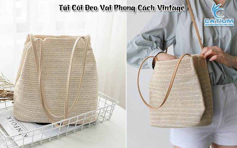 Túi cói cục gỗ có dây deo vai