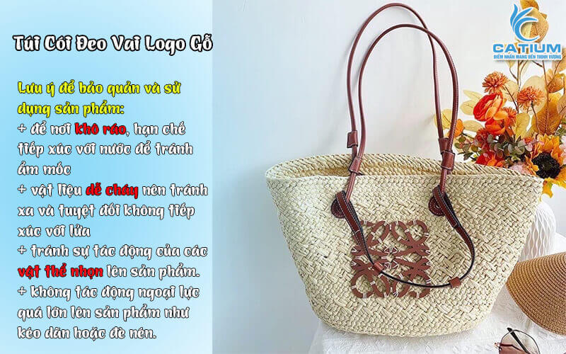 Bảo quản túi cói dây da logo gỗ