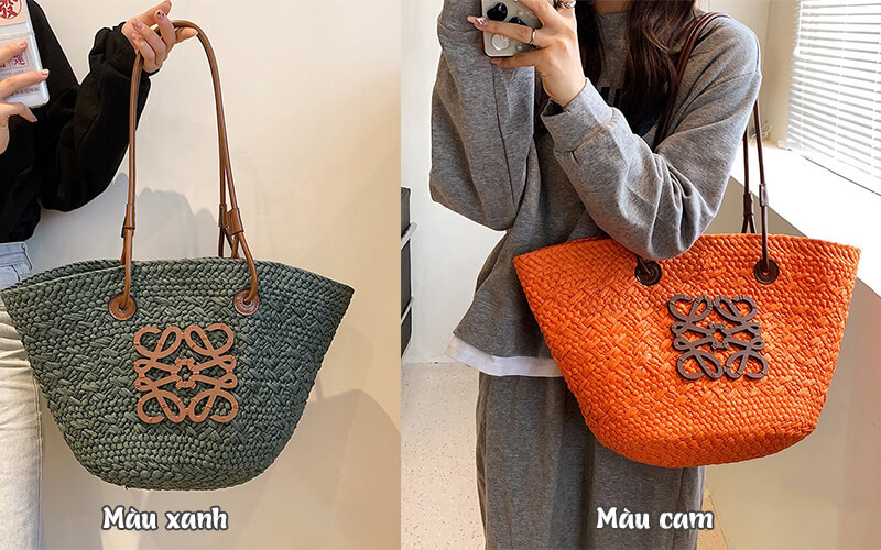 Túi cói hai quai logo gỗ màu xanh và màu cam