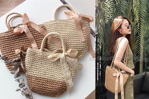 Túi cói đeo vai nơ 