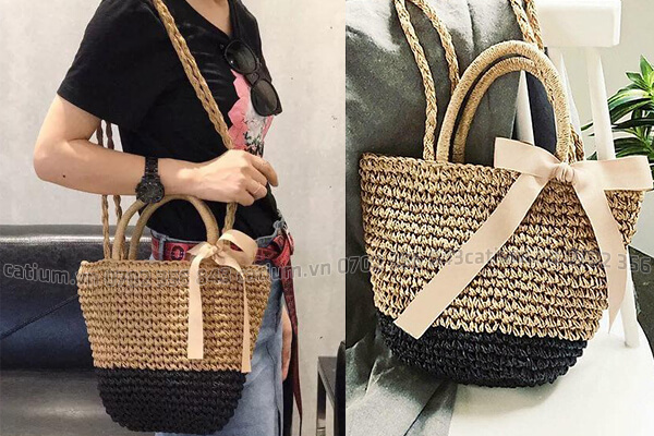 Túi cói đeo vai nơ màu nâu đáy đen