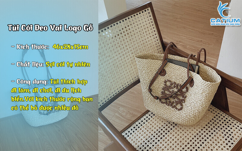Túi cói quai da logo gỗ