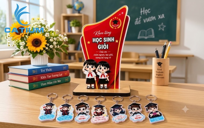 Kỷ niệm chương mica đế gỗ 2 lớp vát cạnh