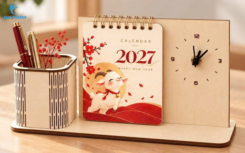 Lịch gỗ đồng hồ để bàn 2027 kèm hộp cắm bút khắc