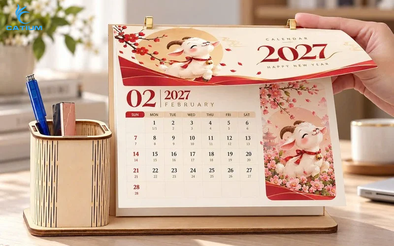 Lịch gỗ khay bút để bàn 2027 in logo theo yêu cầu tại Catium