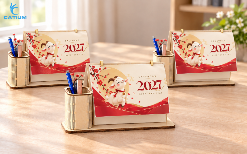 Lịch gỗ khay bút là món quà doanh nghiệp lý tưởng nhân dịp Tết 2027