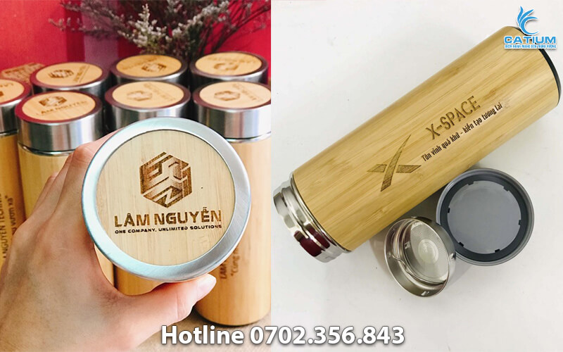 Bình giữ nhiệt khắc logo gỗ