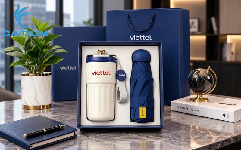 Set quà tặng doanh nghiệp gồm bình giữ nhiệt và ô dù