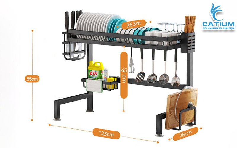 Kích thước kệ chén thép sơn tĩnh điện 1 tầng dài 125cm