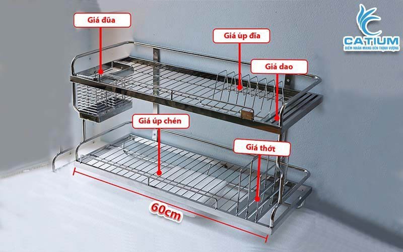 Kích thước kệ chén inox 201 treo tường 60cm