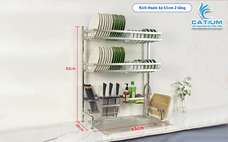 Kệ chén 2 tầng inox 201 đặt trên bồn rửa 65cm nhỏ gọn tiện dụng