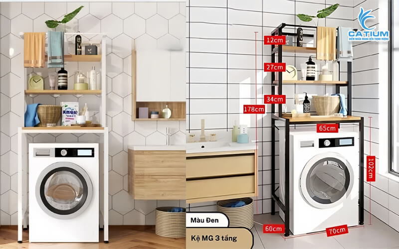 Kệ máy giặt mặt gỗ thép carbon