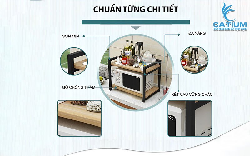 Kệ lò vi sóng mặt gỗ 2 tầng với thiết kế tinh tế cho căn bếp