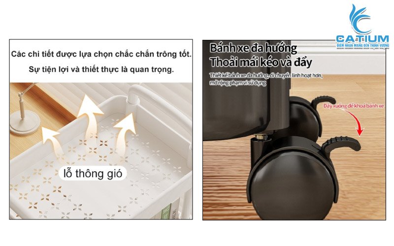 Thiết kế xe đẩy 4 tầng có bánh xe tiện lợi khi sử dụng