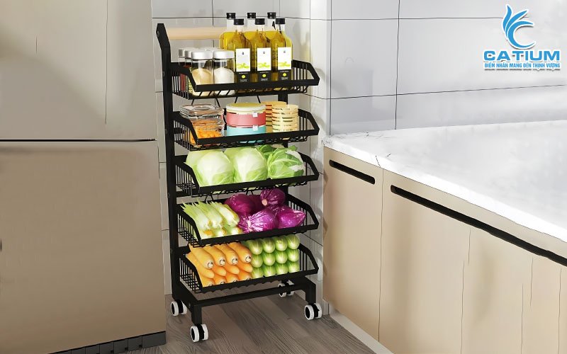 Xe đẩy nhà bếp 5 tầng hiện đại có bánh xe