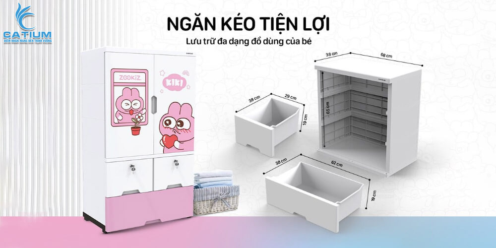 Thiết kế ngăn kéo tủ trẻ em 2 cánh 3 ngăn KS-CA1177G3