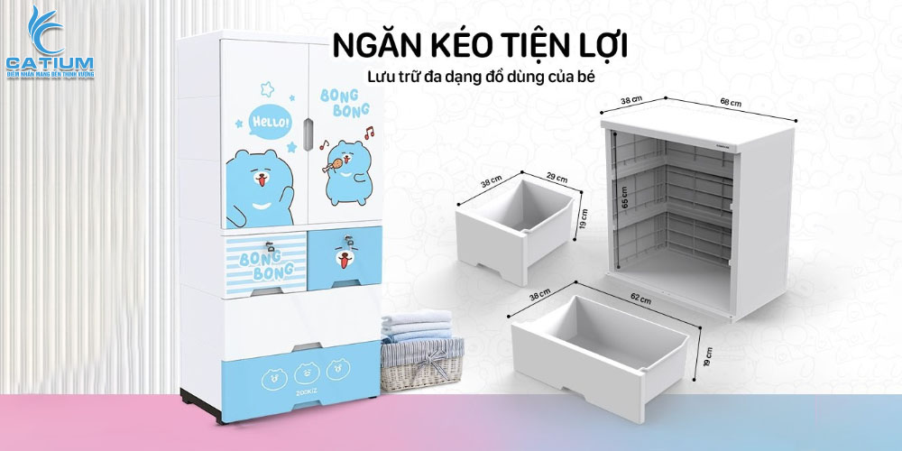 Thiết kế ngăn kéo tủ trẻ em 2 cánh 4 ngăn KS-CA1400B4