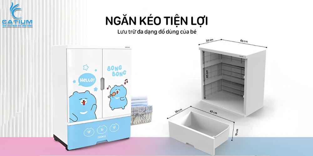 Thiết kế ngăn kéo tủ trẻ em 2 cánh 1 ngăn KS-CA950B1