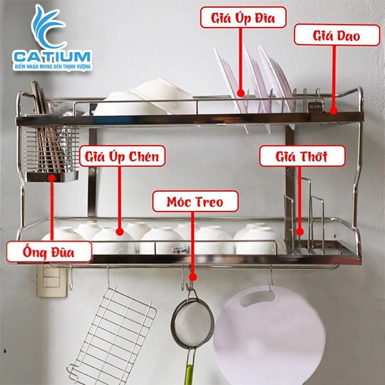 Kệ Chén Inox 304 2 Tầng Treo Tường