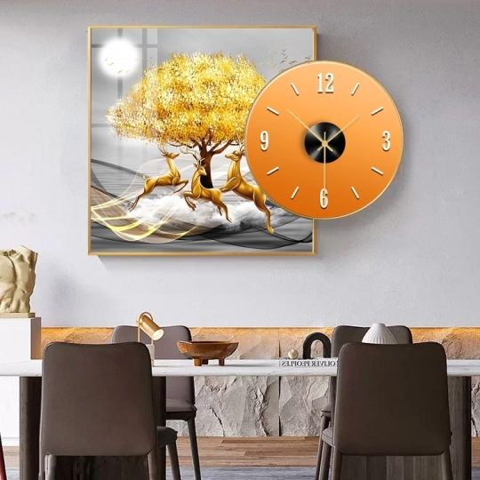 Tranh Đồng Hồ Tráng Gương Hình Hươu Vàng