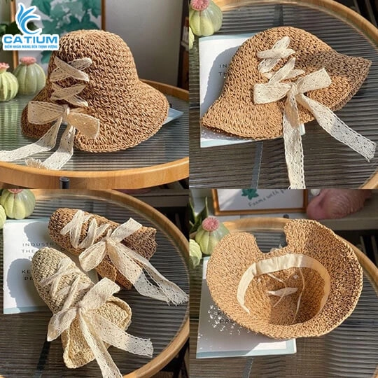 Mũ Cói Rộng Vành Phối Ren