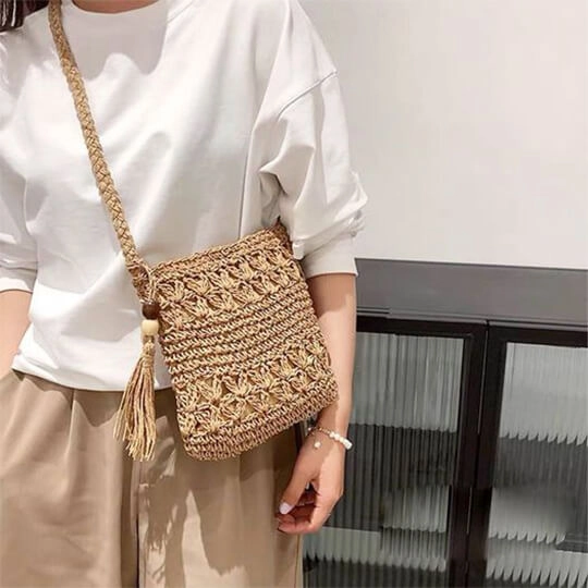 Túi Cói Đeo Chéo Nữ Gắn Cườm