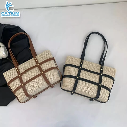 Túi Cói Đeo Vai Da