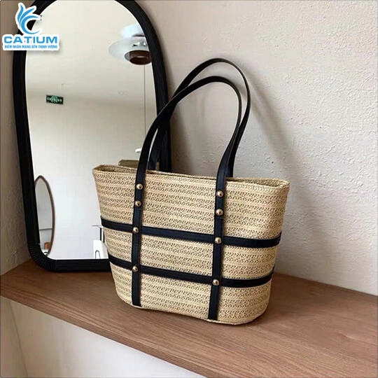 Túi Cói Đeo Vai Da