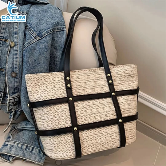 Túi Cói Đeo Vai Da