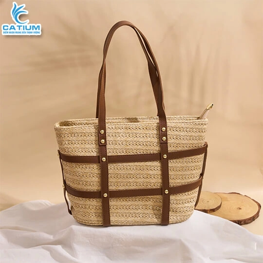 Túi Cói Đeo Vai Da
