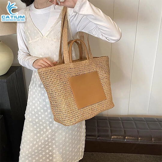 Túi Cói Phối Mạc Da