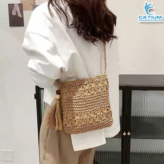 Túi Cói Đeo Chéo Nữ Gắn Cườm