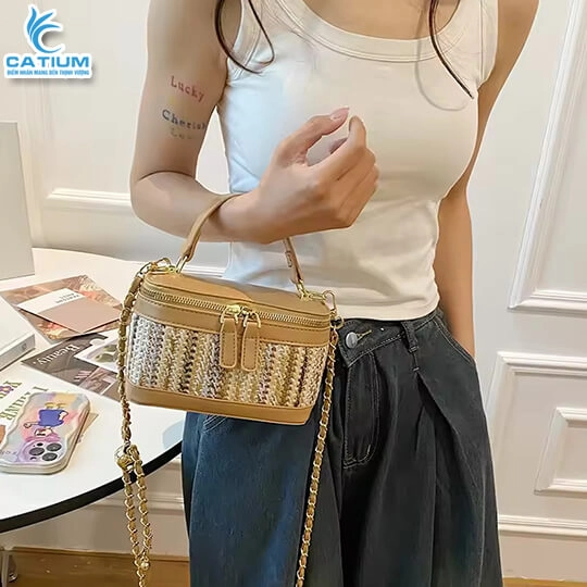 Túi Cói Hộp Quai Da