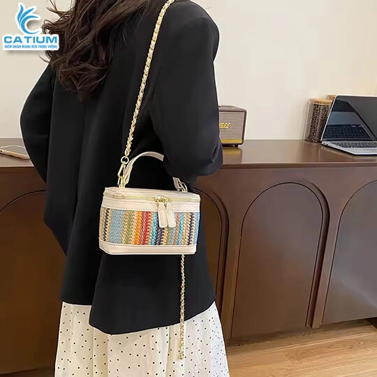 Túi Cói Hộp Quai Da