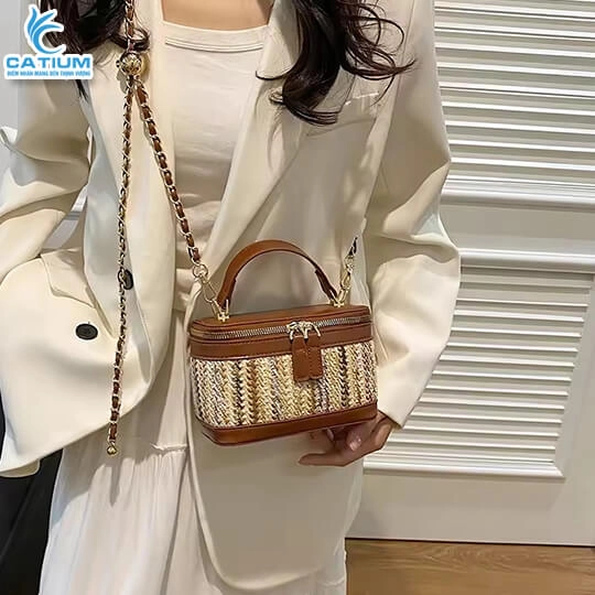 Túi Cói Hộp Quai Da