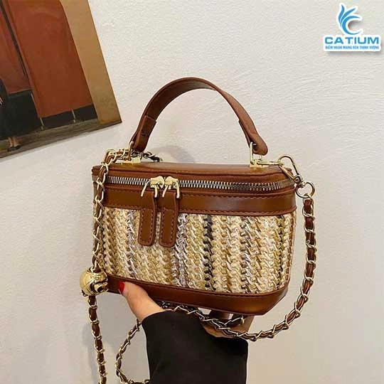 Túi Cói Hộp Quai Da