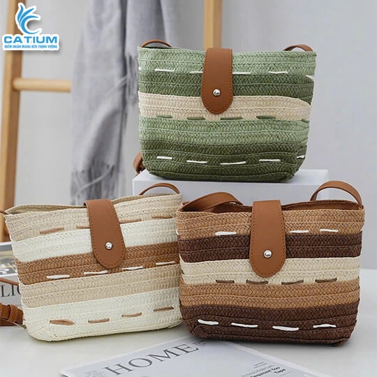 Túi Cói Kẻ Sọc Nắp Da