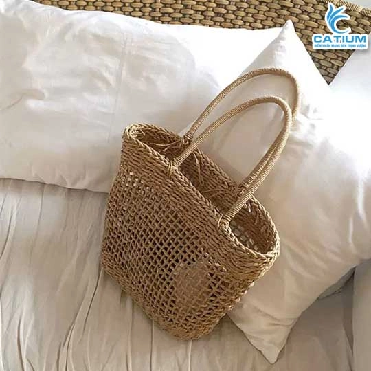 Túi Cói Làn Thưa Vuông Lớn Có Lót