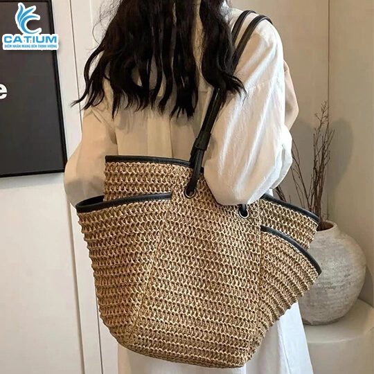 Túi Cói Viền Da
