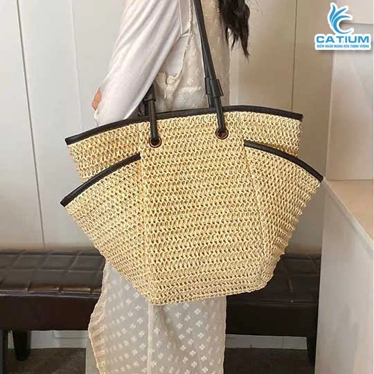 Túi Cói Viền Da