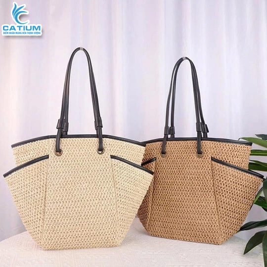 Túi Cói Viền Da