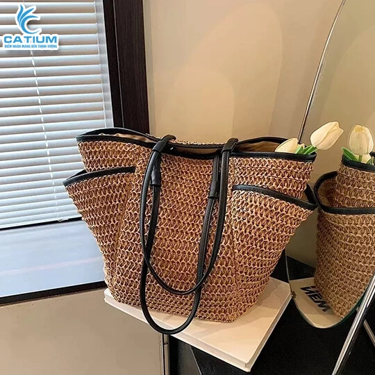 Túi Cói Viền Da