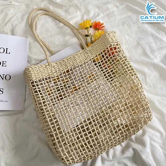 Túi Cói Làn Thưa Vuông Lớn Có Lót