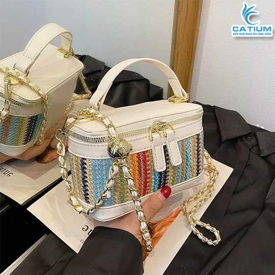 Túi Cói Hộp Quai Da